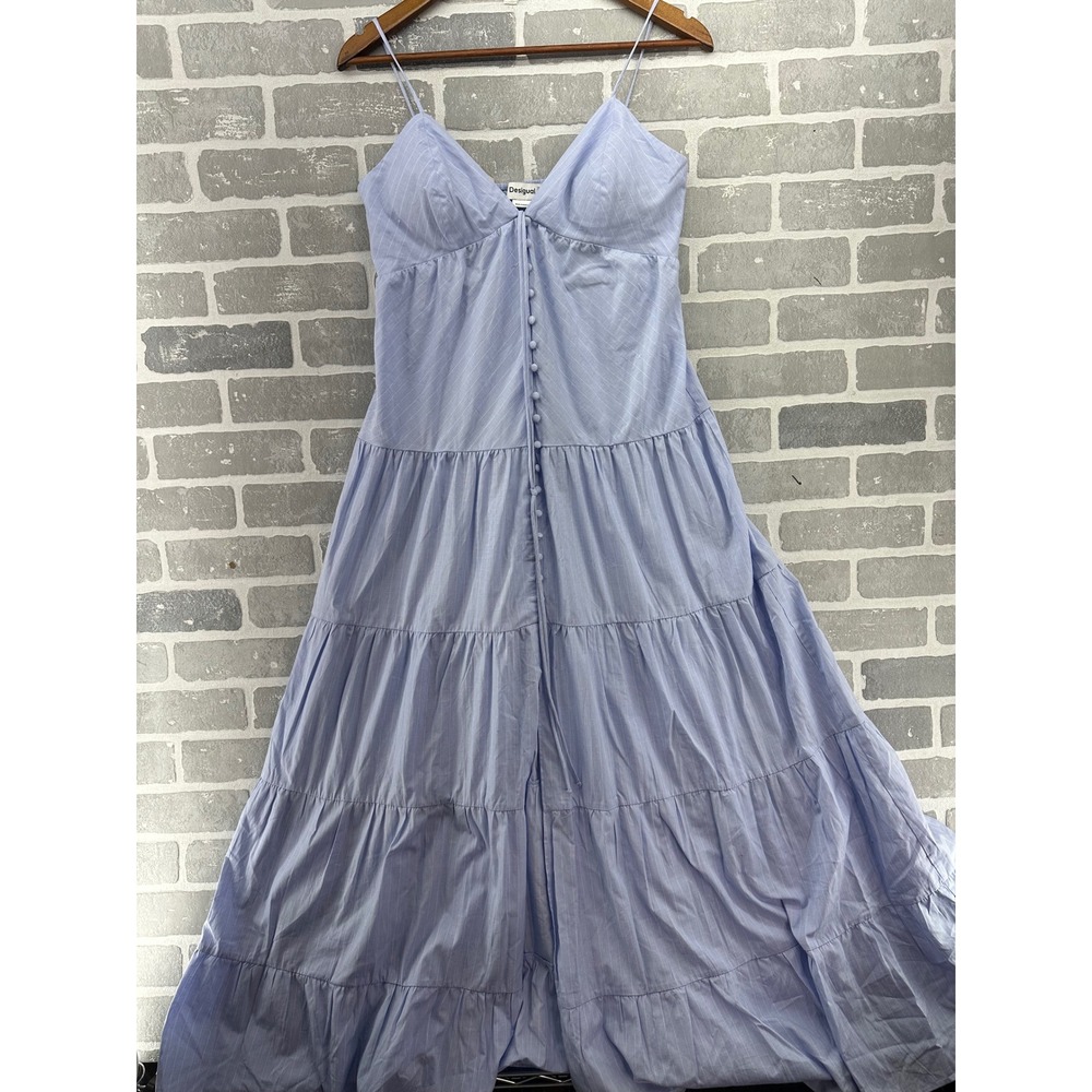 Desigual Blue Pinstripe Tiered Maxi Dress Womens Medium Smocked Back 23WWVWAL